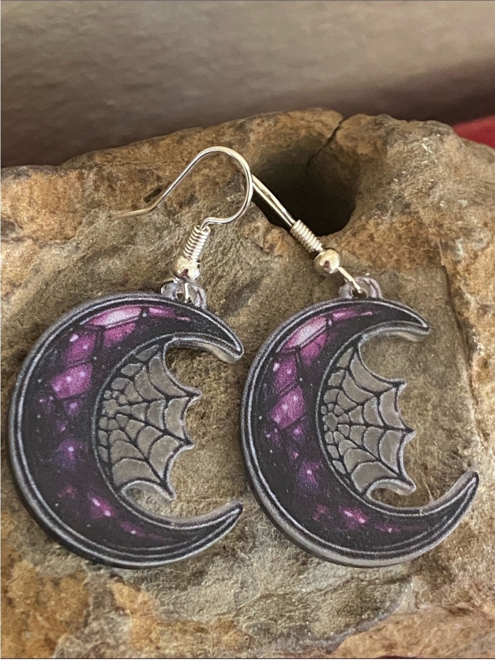 Purple Crescent Moon Spiderweb Dangle Earrings